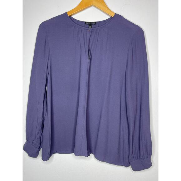 Eileen Fisher Slit Neck Purple Long Sleeve Georgette Silk Blouse size Medium New - Picture 12 of 13